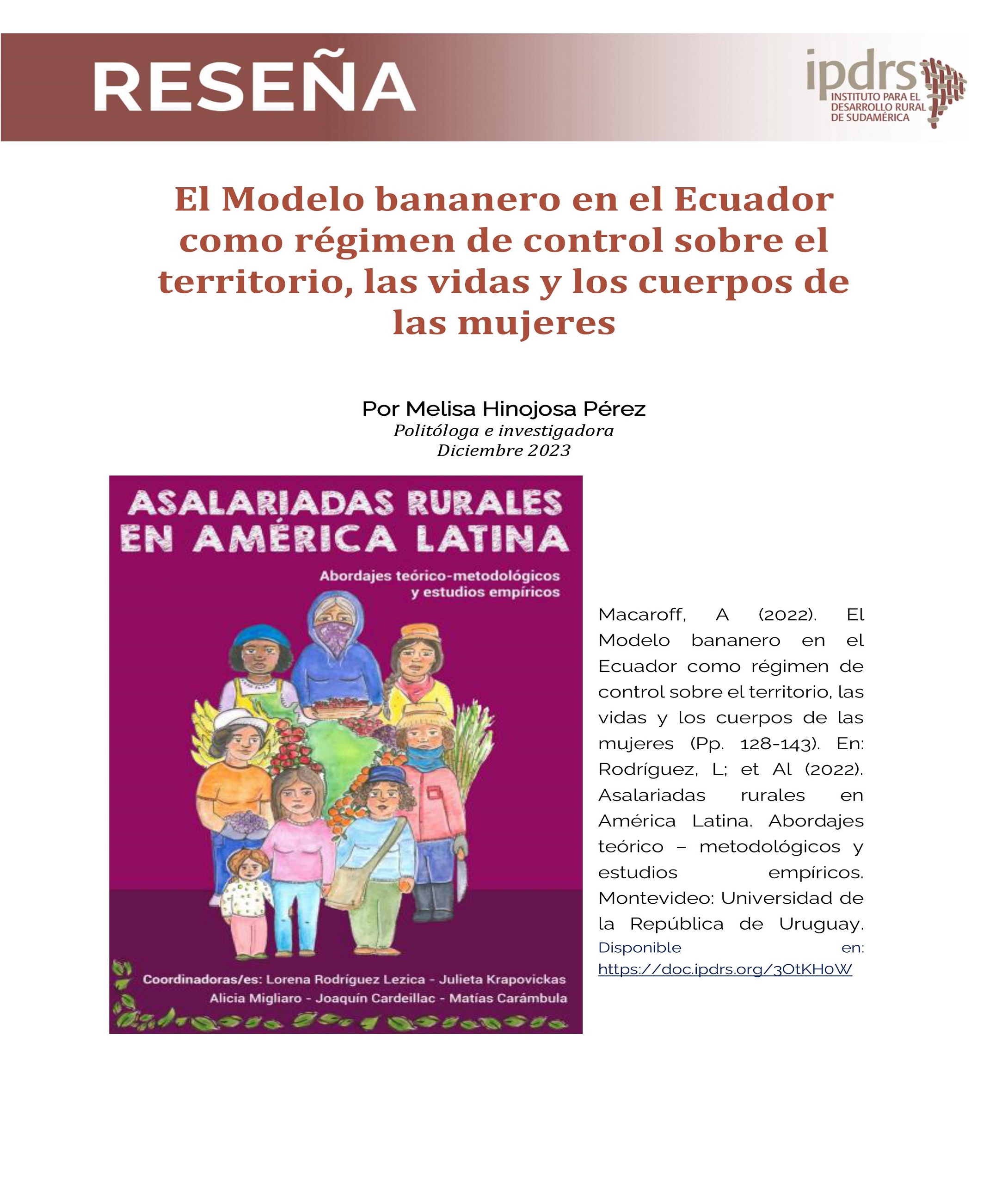 Reseña: El Modelo bananero en el Ecuador como régimen de control sobre el territorio, las vidas y los cuerpos de las mujeres