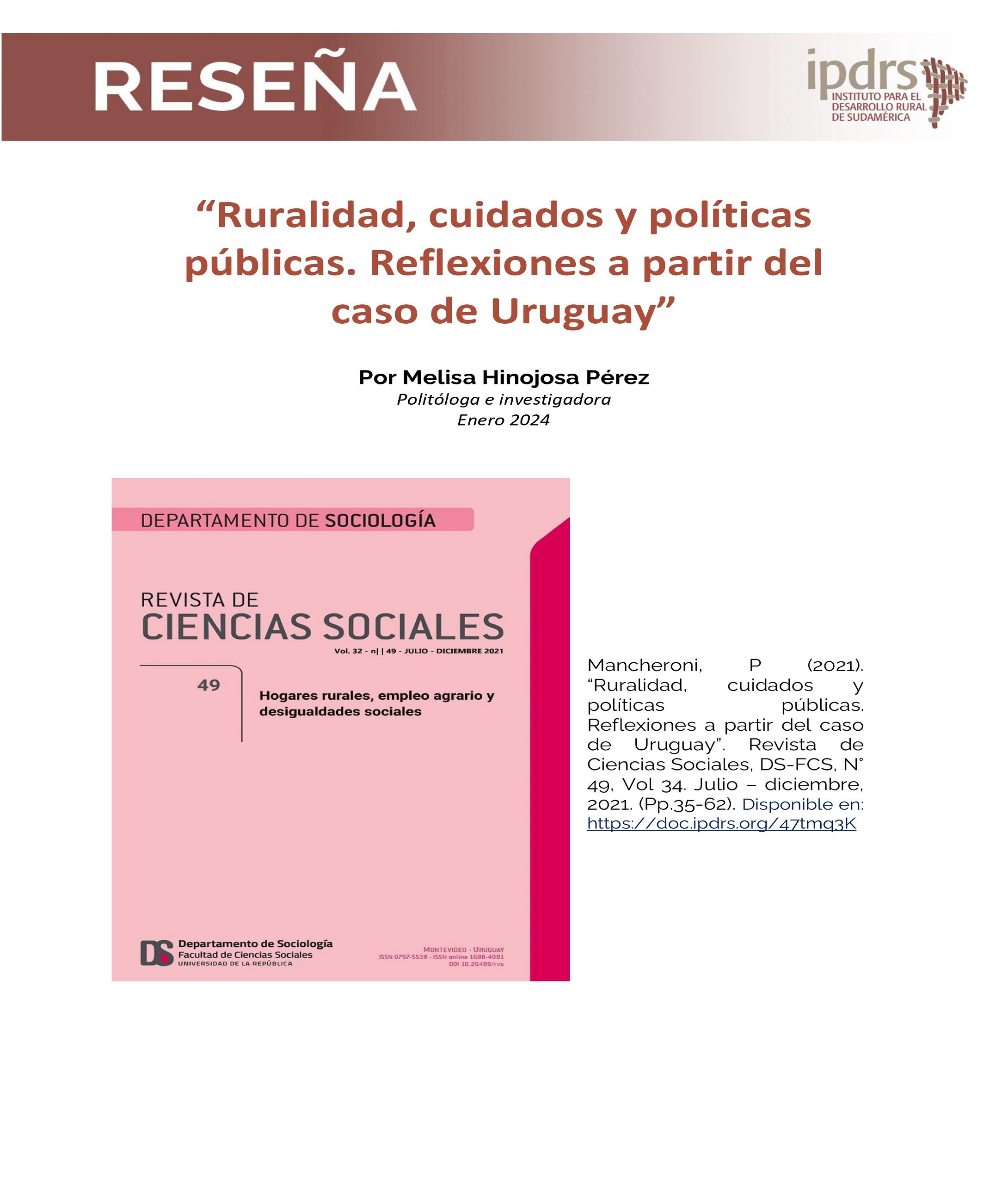 Reseña: “Ruralidad, cuidados y políticas públicas. Reflexiones a partir del caso de Uruguay”