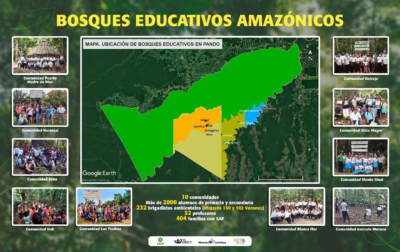 Mapa de ubicación de bosques educativos en Pando.  