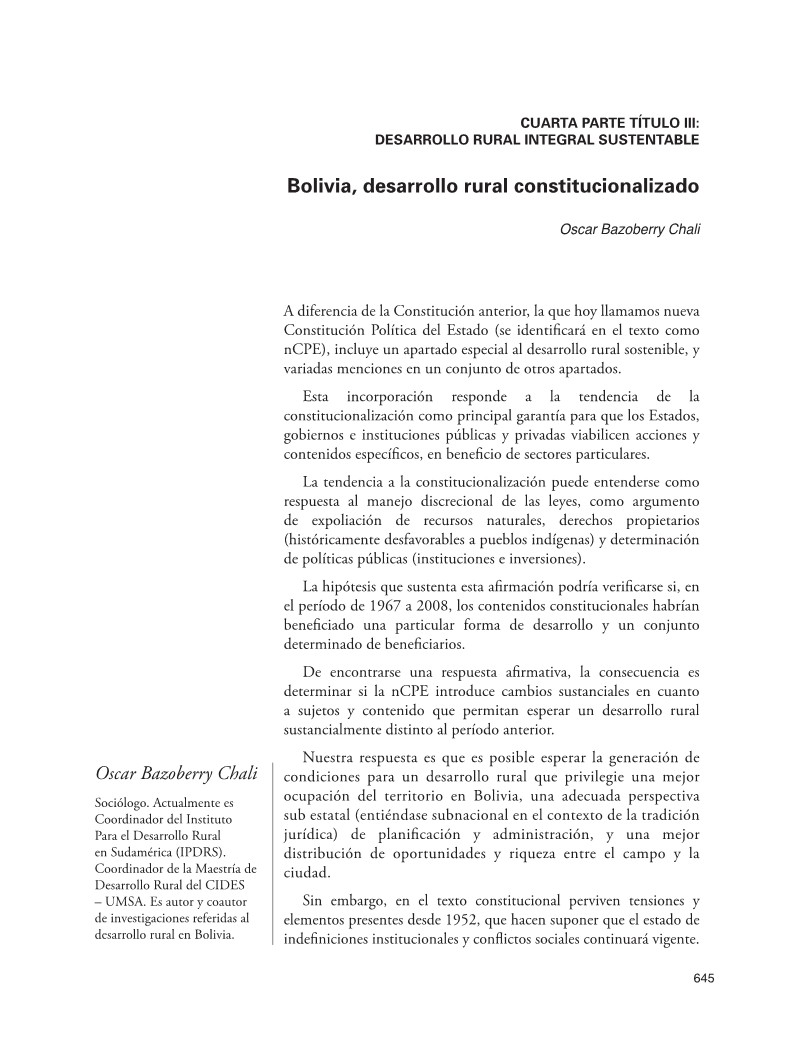 Bolivia, desarrollo rural constitucionalizado