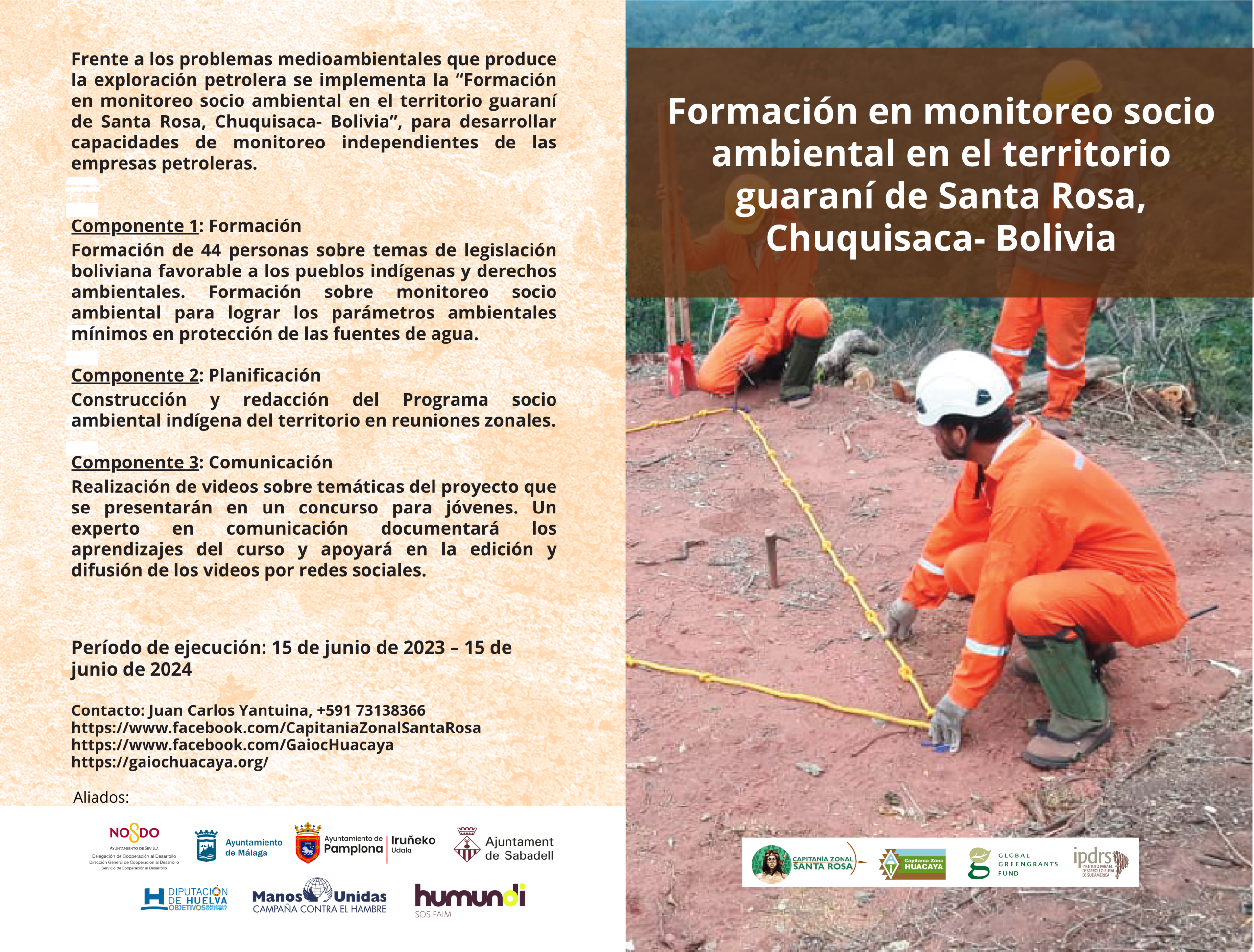 Díptico. Formación en monitoreo socio ambiental en el territorio guaraní de Santa Rosa, Chuquisaca- Bolivia