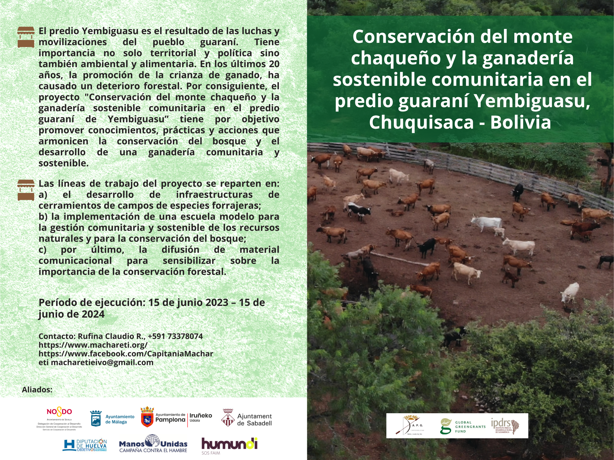 Díptico. Conservación del monte chaqueño y la ganadería sostenible comunitaria en el predio guaraní Yembiguasu, Chuquisaca – Bolivia