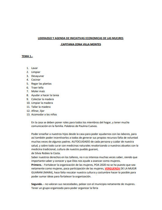 Liderazgo y agenda de iniciativas económicas de las mujeres Capitanía Zona Villamontes